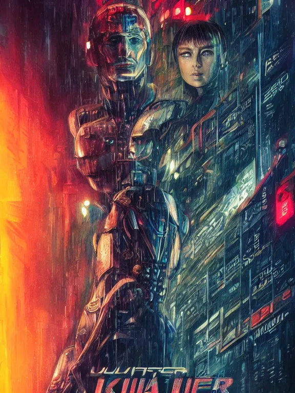 Image similar to movie poster art of 8k ultra realistic blade runner , detailed intricate cyber armour,blade runner, cybernetic, full of colour, cinematic lighting, trending on artstation, 4k, hyperrealistic, focused, extreme details,unreal engine 5, cinematic, masterpiece, art by ayami kojima, giger