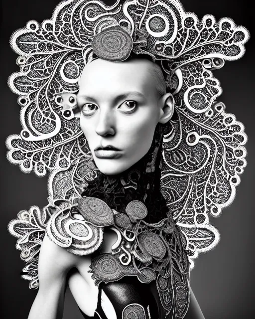 Prompt: surreal black and white photo portrait of complex bio-mechanical beautiful young female vegetal-cyborg with a Mandelbrot fractal metal fine lace face, curled silver hair, 150 mm lens, soft rim light, fine metal floral foliage super big lace collar by Alexander McQueen, high fashion, haute couture, rococo, steampunk, silver filigree details, anatomical, facial muscles, cable wires, microchip, elegant, hyper realistic, octane render, unreal engine, volumetric lighting, 8k,