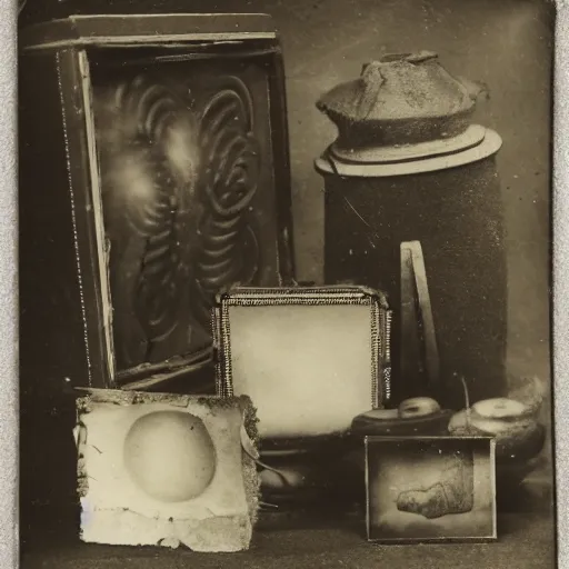 Image similar to Tintype photograph of primitive objects displayed in an ethnographic museum, archive material, anthropology, 1920s studio lighting.