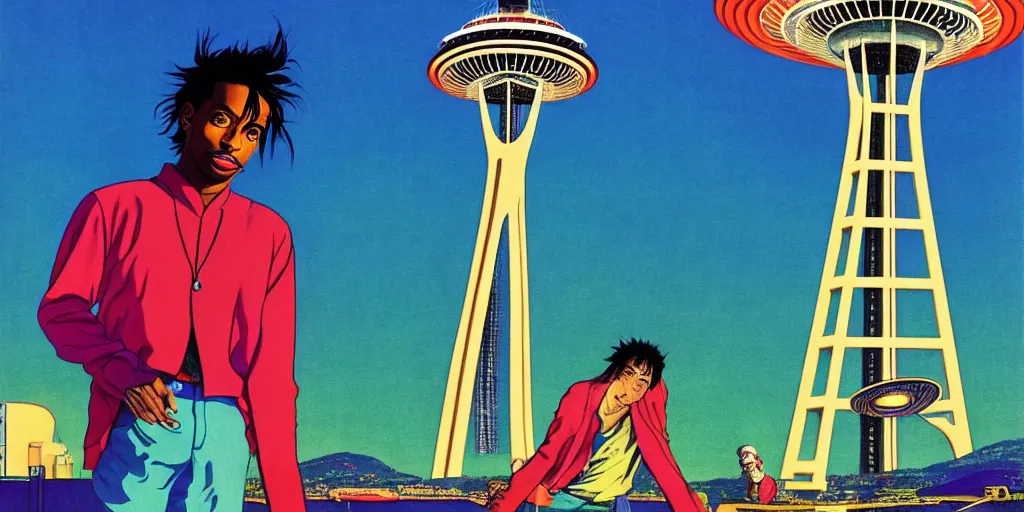 Prompt: playboi carti posing in front of the space needle, acid and dreaming psychedelic hallucinations, by kawase hasui, moebius and edward hopper, colorful flat surreal design, hd, 8 k, artstation