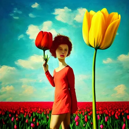 Image similar to girl with a single giant tulip as a head, surreal photography, flower field, sunset dramatic light, impressionist painting, colorful clouds, blue sky, digital painting, artstation, simon stalenhag