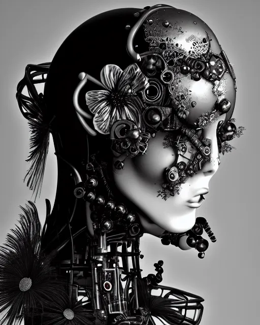 Image similar to black and white dreamy foggy poetic smoky profile face portrait, one silver steampunk realistic eye biomechanical beautiful angelic young female cyclope - cyborg - robot bust, body ribs meshes,, volumetric light, hibiscus flowers, by cecile beaton, rim light, big gothic fashion pearl embroidered collar, 8 k