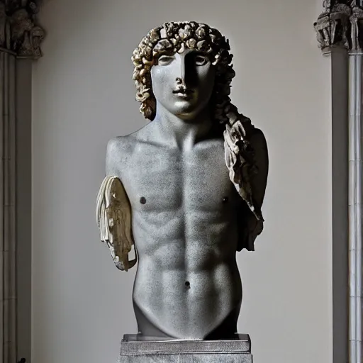 Image similar to antinous statue wearing venetian masquerade mask, symmetry, reflecting flower