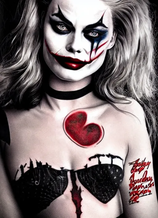 Image similar to tattoo design of margot robbie with joker makeup, ace card, realistic face, black and white, realism tattoo, hyper realistic, highly detailed