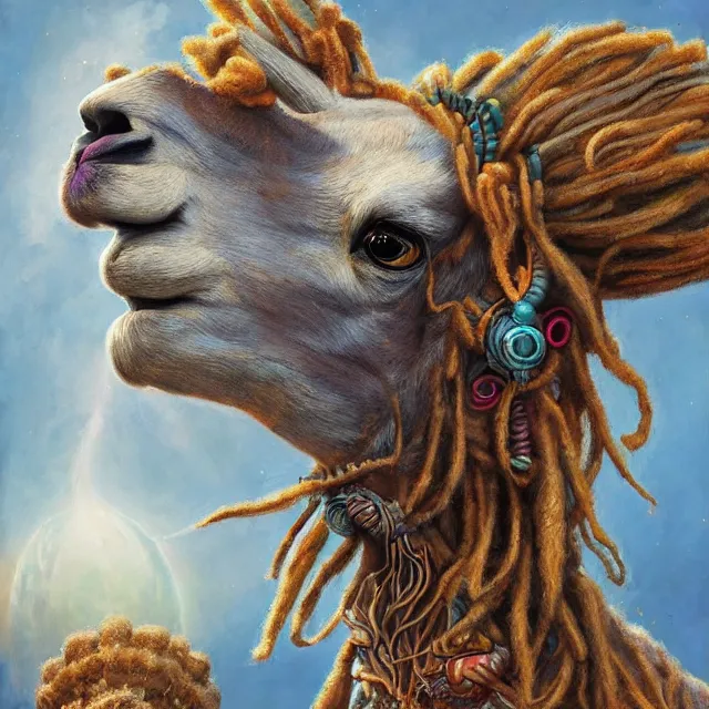 Image similar to llama with dreadlocks, by mandy jurgens, ernst haeckel, james jean. scifi
