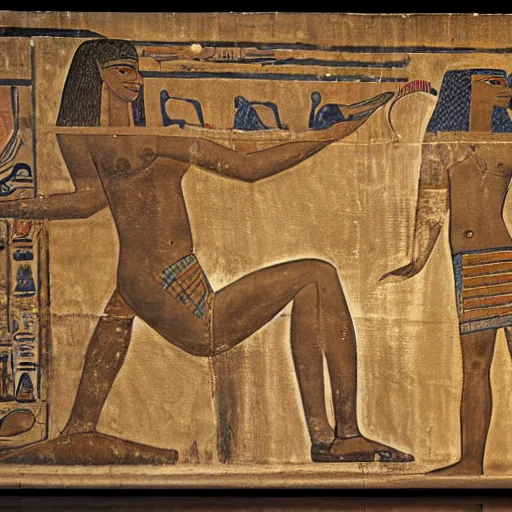 Image similar to a man swimming at a beach, artwork by ancient egyptian mural, tomb, fresco, register, hieroglyphics.