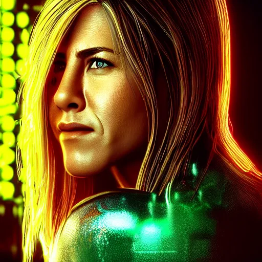 Image similar to young jennifer aniston portrait, Cyberpunk 2077, photorealistic, ultra detailed, cybernetic head, neon, octane, bokeh, 8k