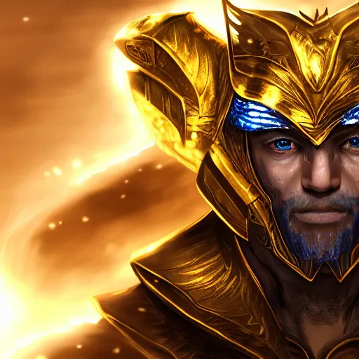 Image similar to a highly detailed character portrait of a man wearing a epic golden armor with glowing blue eyes concept art