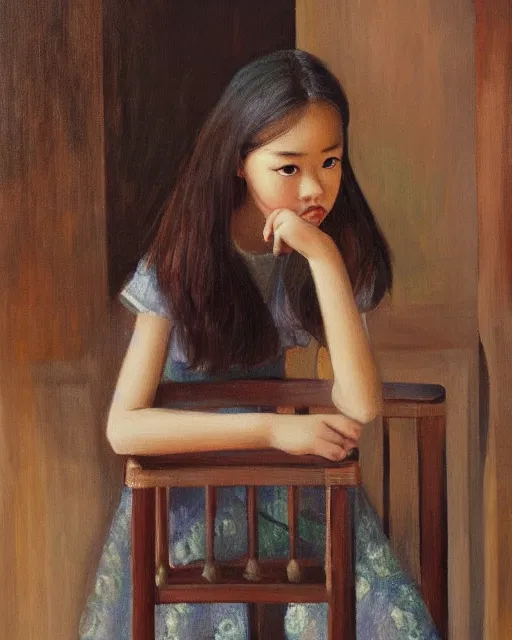 Prompt: the girl is sitting on a very high chair near the ceiling, wonderful eyes, her loose hair, delicate, intricate details, a real masterpiece, oil on canvas, author li zhang