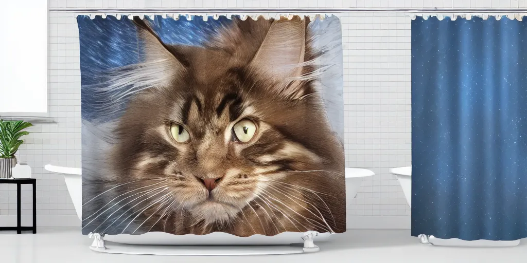 Prompt: a ( ( ( ( ( maine coon kitten ) ) ) ) ) in mandolorian ( tv ) artwork themed shower curtain, shower curtain. digital art. product photography. product lighting. 4 k, highly detailed. saturated. pixar 3 d.