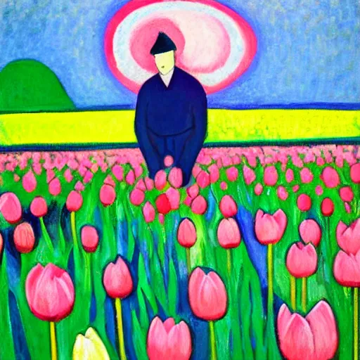 Image similar to Portrait of a man lying in a field of tulips by Robert Delaunay, colorful, hopeful, detailed, sunrise, light colors