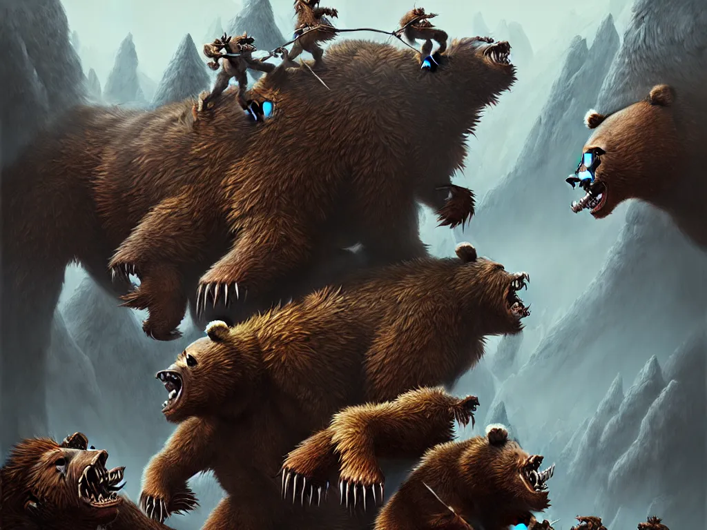 Image similar to highly detailed concept art of colossal bear fighting goblins in mountain, an ultrafine detailed painting, trending on deviantart, neo surrealism, sharp focus, octane, masterpiece, art by randy vargas