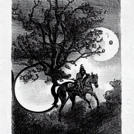 Prompt: The wind was a torrent of darkness among the gusty trees.    The moon was a ghostly galleon tossed upon cloudy seas.    The road was a ribbon of moonlight over the purple moor,    And the highwayman came riding—          Riding—riding— The highwayman came riding, up to the old inn-door.
