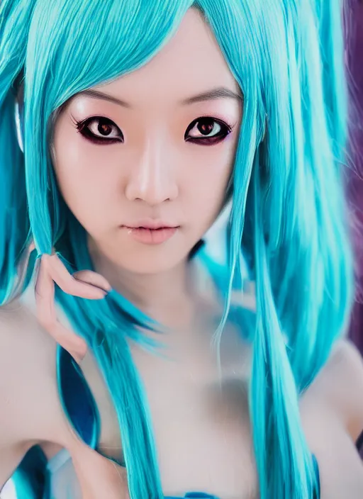 Prompt: Cute beautiful Asian cosplay girl with long blue hair and tempting eyes cosplaing Hatsune miku, full length shot, shining, 8k, HQ, sharp focus, IMAX quality, illustration