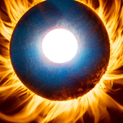 Image similar to sun as an orb flowing with fire energy around it, 40nm, shallow depth of field, split lighting, 4k,