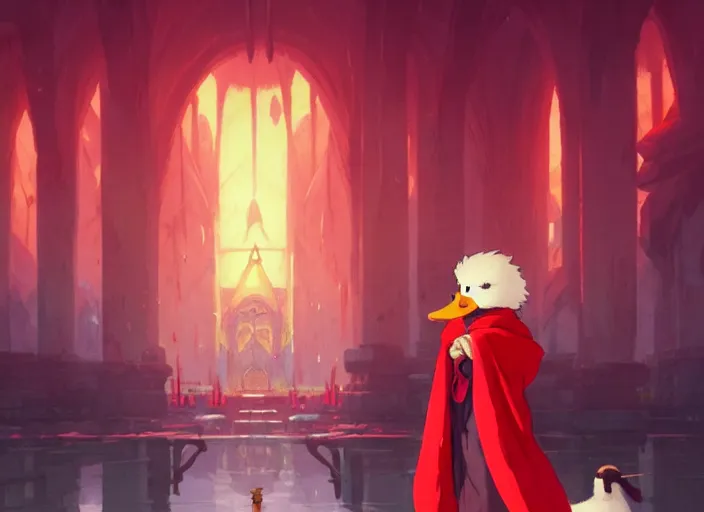 Image similar to cute fluffy mallard duck wearing red cultist robe, sacrificial altar in background, details, fantasy, epic, ancient city, landscape illustration concept art anime key visual trending pixiv fanbox by wlop and greg rutkowski and makoto shinkai and studio ghibli and kyoto animation symmetrical facial features