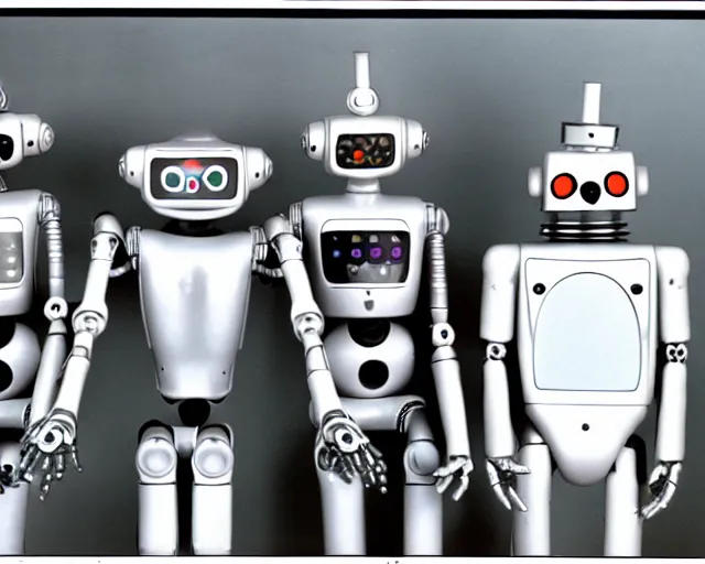 Image similar to middle shot, robots are in love with each other pose for a photo, circa 1 9 8 4