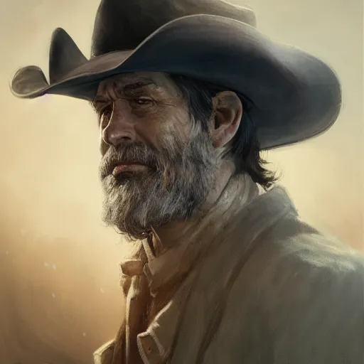 Image similar to portrait of a man with a long duster, grey hair and a cowboy hat, harsh good looking face, drawn by ruan jia, disco elysium style, fantasy art, dramatic lighting, digital art, 8 k, highly detailed