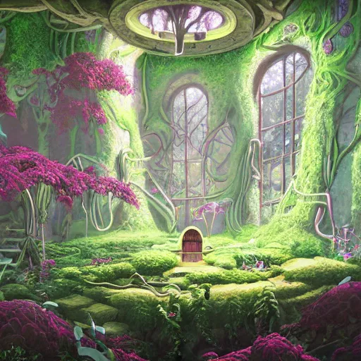 Prompt: concept art painting of a interior of a fungal cozy alien fantasy fairytale house, with black vines and magenta plants, realistic, detailed, cel shaded, dark, in the style of makoto shinkai and greg rutkowski and james gurney