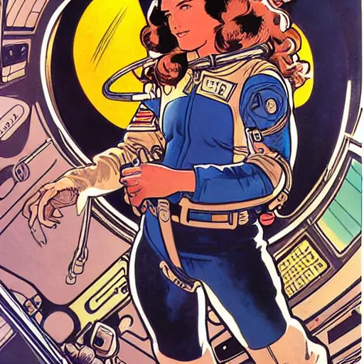 Prompt: a woman with straight brown hair and glasses, floating in space. she is an astronaut, wearing a space suit. well composed, clean elegant painting, beautiful detailed face. comic book art by steve ditko and jack kirby and ( alphonse mucha )