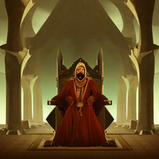 Prompt: the great shaghan of al - bakha named ashal akh sigharen sitting in his dimly lit throne room with guards standing by his side, matte painting, 4 k, concept art