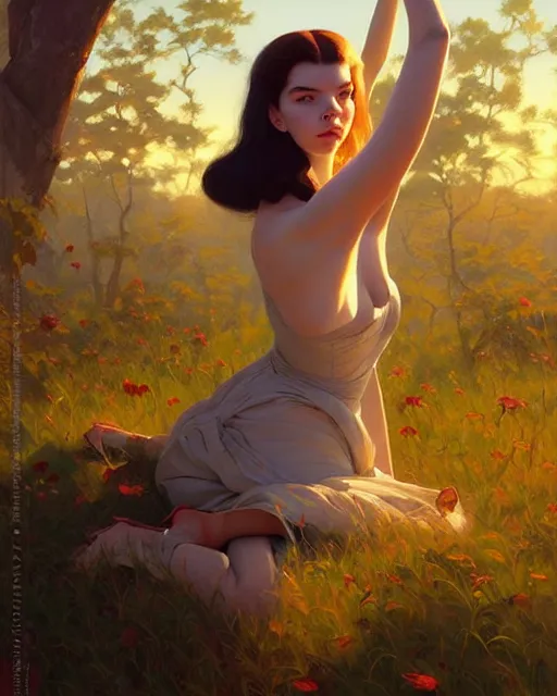 Image similar to an artistic pose, composition, anya taylor joy, realistic shaded, fine details, realistic shaded lighting poster by ilya kuvshinov, magali villeneuve, artgerm, jeremy lipkin and michael garmash and rob rey