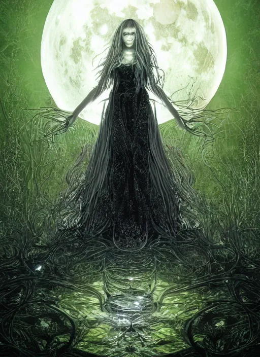 Image similar to glowing silver and golden elements, full close-up portrait, A beautiful dark witch in front of the full big moon, book cover, green forest, red white black colors, establishing shot, extremly high detail, foto realistic, cinematic lighting, pen and ink, intricate line drawings, by Yoshitaka Amano, Ruan Jia, Kentaro Miura, Artgerm, post processed, concept art, artstation, matte painting, style by eddie, raphael lacoste, alex ross