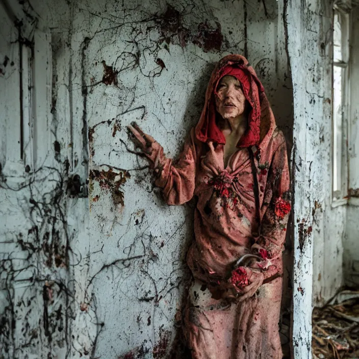 Prompt: a woman wearing a hooded cloak made of zinnias and barbed wire, in a derelict house, by Charlotte Grimm, natural light, detailed face, CANON Eos C300, ƒ1.8, 35mm, 8K, medium-format print