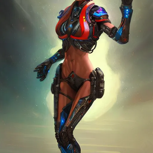 Prompt: Cybernetic woman in futuristic bikini armor with a jetpack, D&D, elegant, vibrant, fantasy, intricate, smooth, artstation, painted by edgar maxence, greg rutowski, ross tran, artgerm