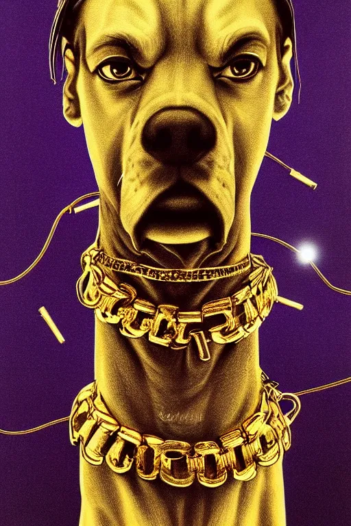 Image similar to Portrait of snoop dog as gangster, elegant, photorealistic, highly detailed, artstation, smooth, sharp focus, gold ornaments, neon lighting, sci-fi, art by Klimt