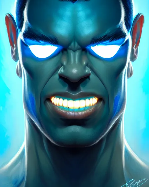Image similar to symmetry portrait of blue color hulk, glam, power, glowing lights intricate, elegant, highly detailed, digital painting, artstation, concept art, smooth, sharp focus, illustration, art by artgerm and greg rutkowski and fra angelico and unreal engine 5
