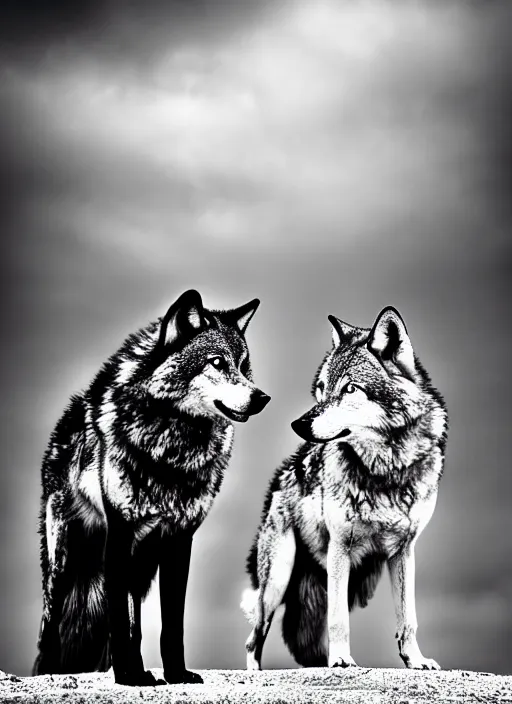 Image similar to two wolves black and white portrait white sky in background