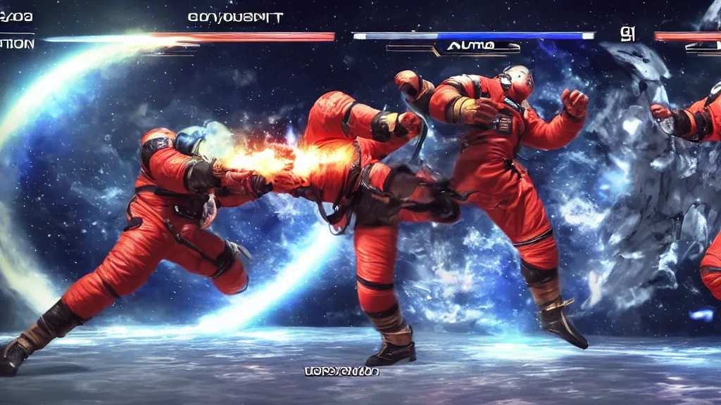 Image similar to an astonaut fighting a cosmonaut. VS fighting, videogame versus game UI, game UI, tekken, street fighter, mortal kombat, side camera, life bars, win count, countdown, playstation game, xbox game, unreal engine, 8k, 4k,