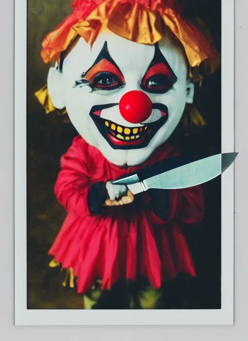 Prompt: polaroid of a frightening clown with a knife