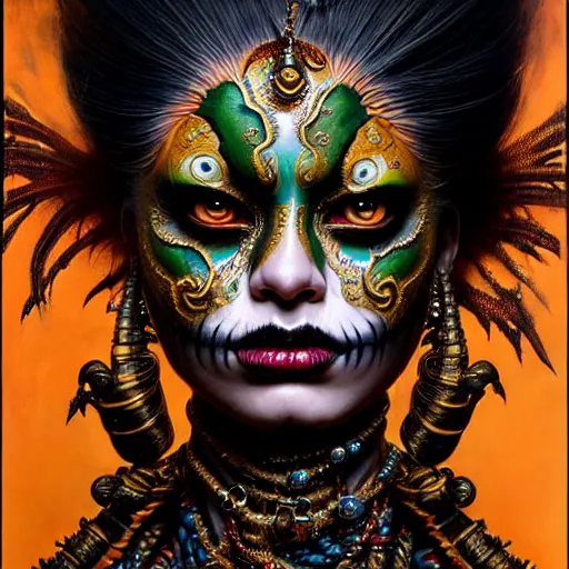 Image similar to uhd photorealisitc authentic two - face wearing ornate costume and intricate voodoo makeup, intricate details, vivid colors, frightening surroundings, studio lighting, correct details, in the style of amano, karol bak, akira toriyama, and greg rutkowski