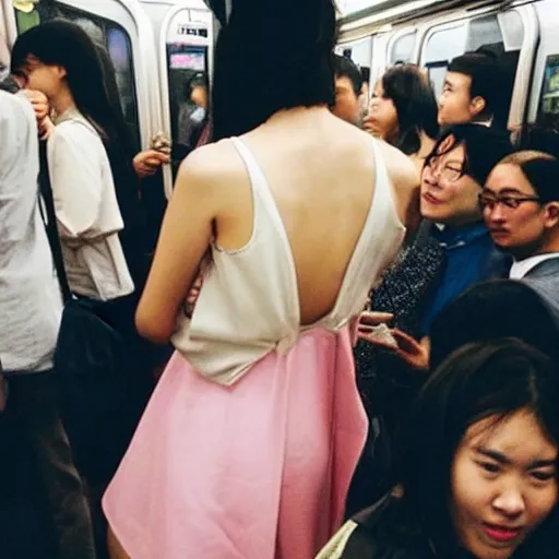 Image similar to a beautiful asian girl with backless dress in a crowded subway train, instagram photo