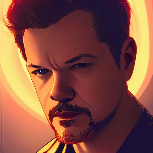 Image similar to Matt Damon as Tony Stark, ambient lighting, 4k, alphonse mucha, lois van baarle, ilya kuvshinov, rossdraws, artstation