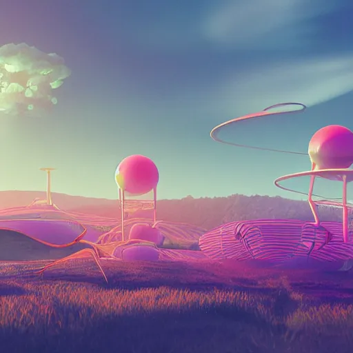 Image similar to panorama,utopia,science fiction,bio-inspired,organic,sunny,michael whelan,retro wave, pink hues,octane render