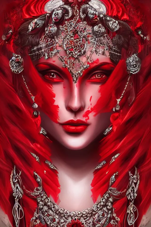 Image similar to portrait of the blood goddess, enigmatic beauty, dominant shades of crimson and red and black, oriental silver ornaments, artstation