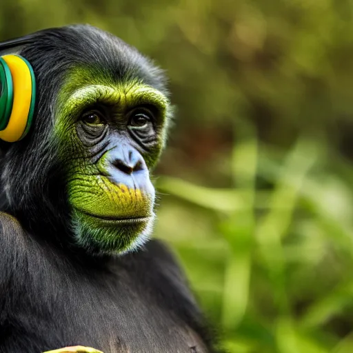 Image similar to a high quality photo of a green chimp wearing headphones, realism, 8k