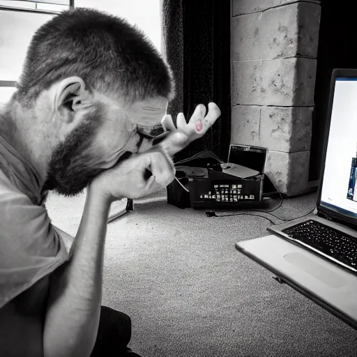 Prompt: crazy scottish man getting angry playing a computer game, photo real, dslr camera, 4 k, ray tracing