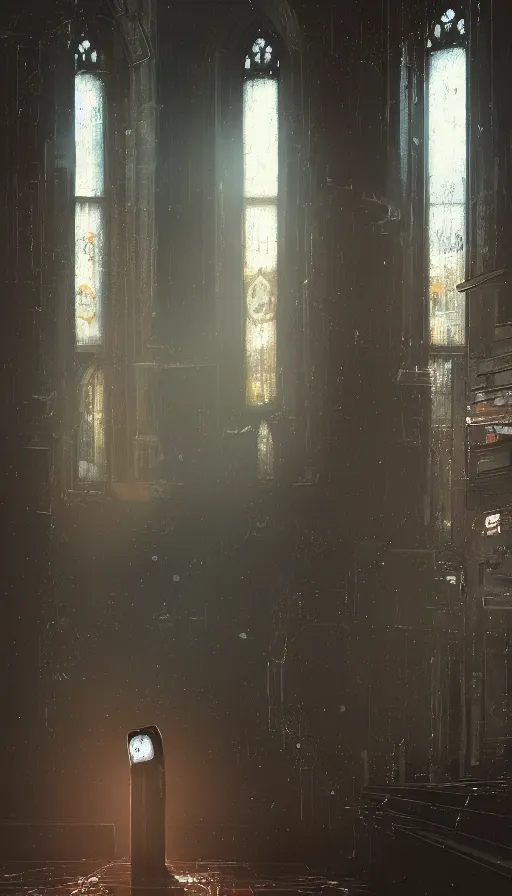 Image similar to portrait of broken humanoid metal robot praying in empty church, sunshine through window, bladerunner, cold color scheme, digital illustration, artstation, cinematic composition, detailed textures