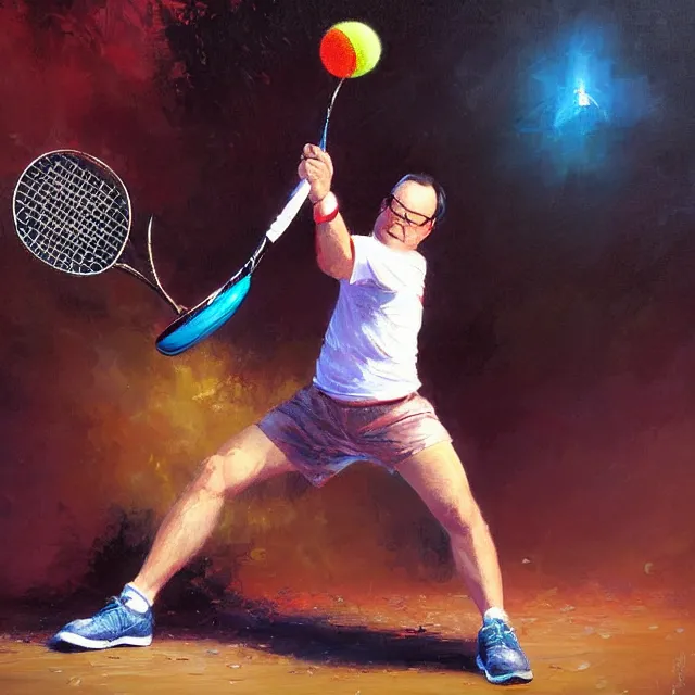 Prompt: jim cornette swinging a tennis racket, an oil painting by ross tran and thomas kincade