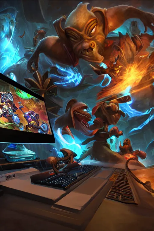 Prompt: A photo of a monkey playing league of legends on a alien ware computer. Photography. Photo realism. Hyper real