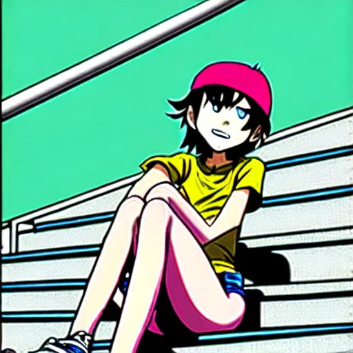 Prompt: skater girl sitting on steps by scott pilgrim, by bryan lee o'malley, tank girl, muted colors anime