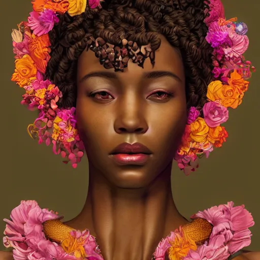 Prompt: the portrait of an absurdly beautiful, graceful, elegant young black woman made of bananas and petals looking up, an ultrafine detailed illustration by kim jung gi, irakli nadar, intricate linework, bright colors, octopath traveler, final fantasy, angular, unreal engine 5 highly rendered, global illumination, radiant light, detailed and intricate environment