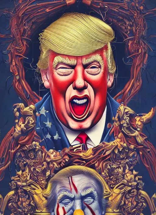 Image similar to donald trump is a disgusting clown, grotesque, horror, high details, intricate details, by vincent di fate, artgerm julie bell beeple, inking, vintage 90s print, screen print