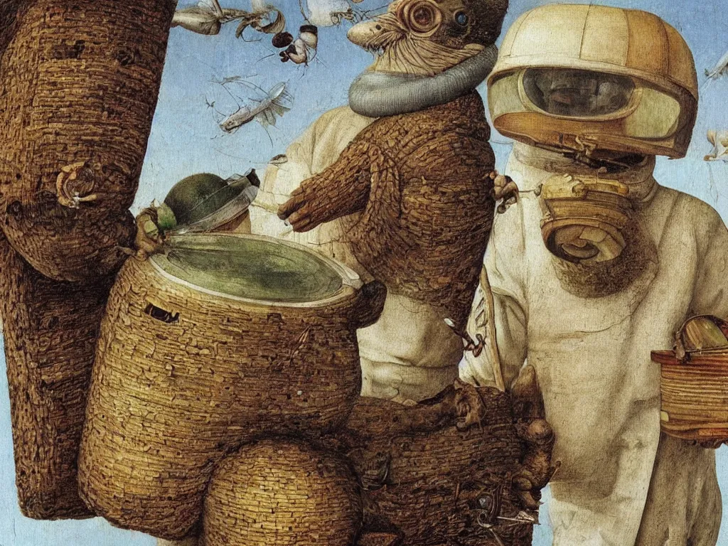 Prompt: close up portrait of man in white beekeeping suit with a surreal impossible creature from codex seraphinianus. painting by bosch, walton ford, agnes pelton