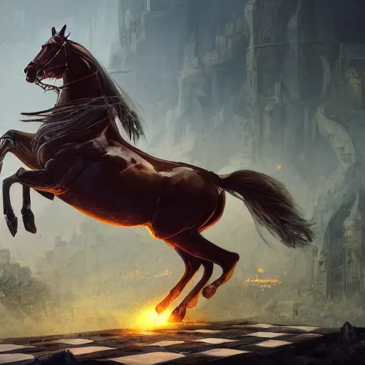 Prompt: a chess piece comes alive, the horse jumps over the ancient tower piece in the wooden chessboard, fantasy art, in the style of greg rutkowski, illustration, epic, fantasy, cinematic, intricate, hyper detailed, artstation, concept art, smooth, sharp focus, ray tracing