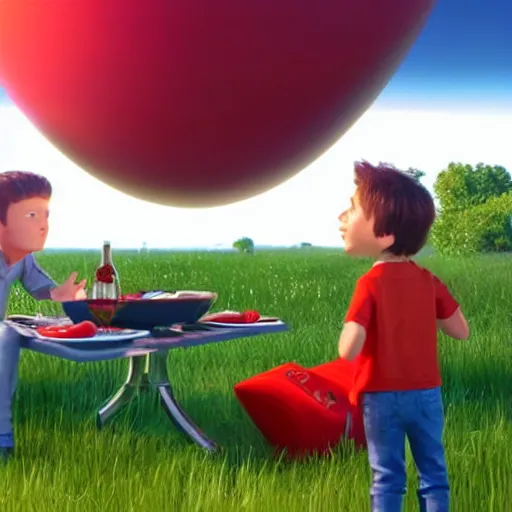 Image similar to a hyperrealistic octane render of max from flight of the navigator and hal 9 0 0 0 having a picnic, unreal engine, 8 k, ultrarealistic, photorealism